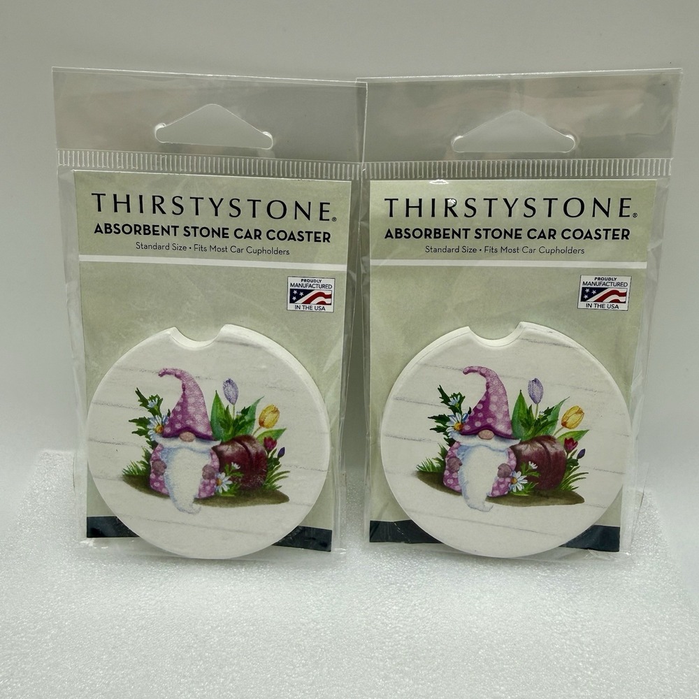 Thirstystone Absorbent Stone Car Coaster Gnome Floral‎ Garden Lot Of 2 USA Made